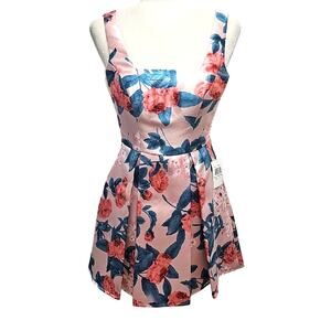 B. Darlin Elegant Sleeveless Pleated Pink Green Floral Mini Dress Size 1/2 (NWT)